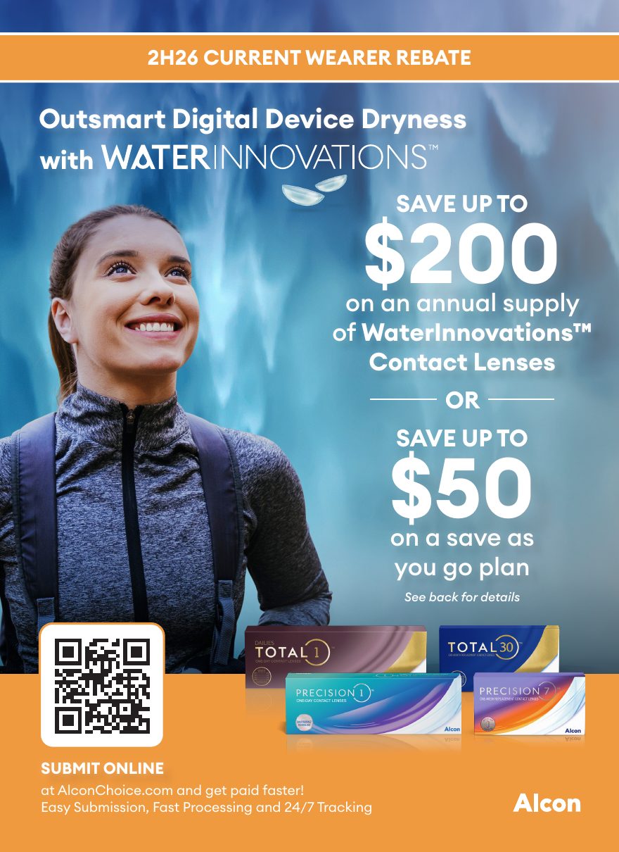 Alcon 2H26 Current Wearer Rebate flyer: save up to $200 on an annual supply of WaterInnovations contact lenses, or up to $50 on a save-as-you-go plan