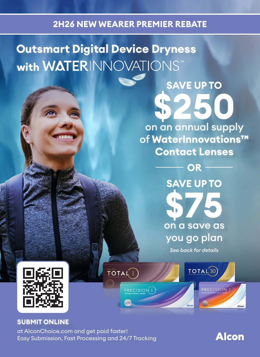 Alcon 2H26 New Wearer Premier Rebate flyer: save up to $250 on an annual supply of WaterInnovations contact lenses, or up to $75 on a save-as-you-go plan